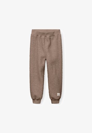Brown fleece joggers with a soft, textured surface, elastic waistband, and fitted cuffs. Includes a small branded label on the side.
