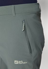 Gray hiking pants with zippered side pocket and Jack Wolfskin logo. Materiel appears lightweight with a smooth texture and tailored fit.