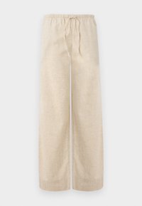 Beige Leinenhosen mit weitem Bein, einem Kordelzugbund und umgeschlagenen Säumen, die eine glatte Textur und einen lockeren Schnitt aufweisen.