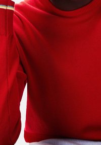 Maglione rosso lavorato a maglia con collo rotondo, polsini a coste e un accento a righe contrastanti sulla spalla. Tessuto morbido e forma aderente.
