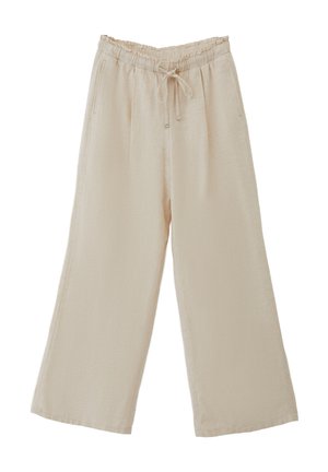 Pantaloni a gamba larga beige realizzati in tessuto leggero. Presentano un elastico in vita con cordoncino e tasche laterali. Superficie testurizzata.