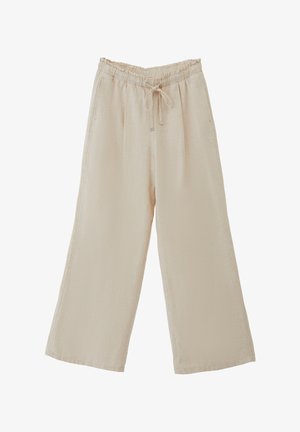 Beige levelege bukser laget av lett stoff. Har elastisk liv med snor og sidelommer. Teksturert overflate.