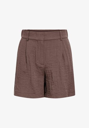 Hnedé textúrované šortky s vysokým pásom, pútkami na opasok, prednými záhybmi a skrytým predným zapínaním.