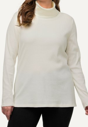 Mujer con un suéter de cuello alto acanalado color crema liso de manga larga y pantalones negros, mostrada desde el cuello hasta las caderas.