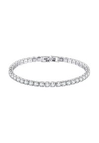 Bracciale in argento con maglie rettangolari, caratterizzato da una fila di gemme quadrate trasparenti. Il design è flessibile e dotato di una chiusura sicura.