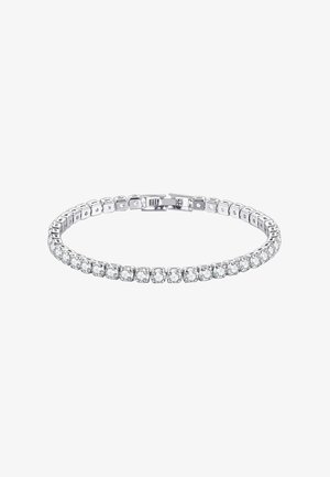 Bracciale in argento con maglie rettangolari, caratterizzato da una fila di gemme quadrate trasparenti. Il design è flessibile e dotato di una chiusura sicura.