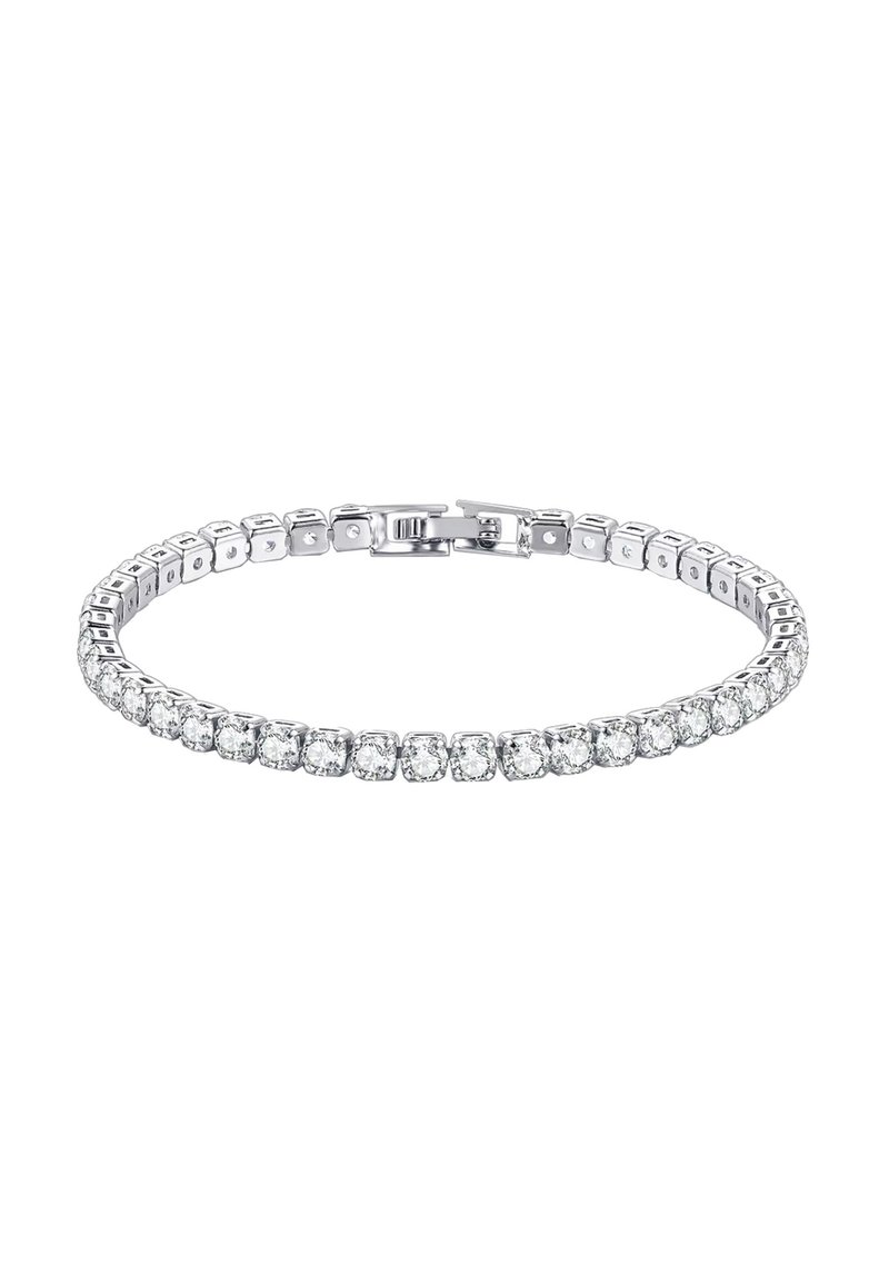 Bracciale in argento con maglie rettangolari, caratterizzato da una fila di gemme quadrate trasparenti. Il design è flessibile e dotato di una chiusura sicura.