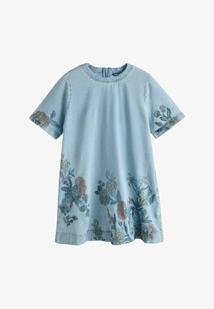 Hellblaues Kleid mit kurzen Ärmeln und Rundhalsausschnitt, mit floraler Stickerei in gedämpften Tönen an Ärmeln und Saum.