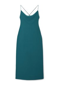 Teealfarbenes, ärmelloses Kleid mit glatter Textur, das einen tiefen V-Ausschnitt und überkreuzte Träger auf der Rückseite hat. Langes, eng anliegendes Design.