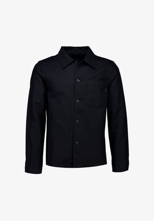 Schwarzes Langarmhemd aus Baumwolle mit durchgehender Knopfleiste, Kragen und einer einzelnen Brusttasche. Glatte, einfarbige Textur.