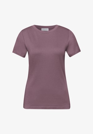 Prosty t-shirt z krótkim rękawem i okrągłym dekoltem w stonowanym kolorze mauve, wykonany z gładkiej tkaniny, prezentowany na białym tle.