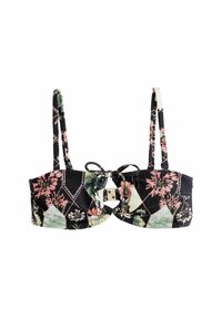 Zwart bloemenprint bikini top van een textuurstof, met verstelbare bandjes en een gouden sluiting in het midden. Diamantpatroon detail.