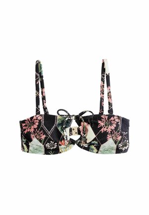 Zwart bloemenprint bikini top van een textuurstof, met verstelbare bandjes en een gouden sluiting in het midden. Diamantpatroon detail.