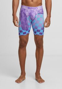 Lilla og teal rutete boksershorts med en myk elastisk midje, som har en glatt tekstur og grafiske detaljer.