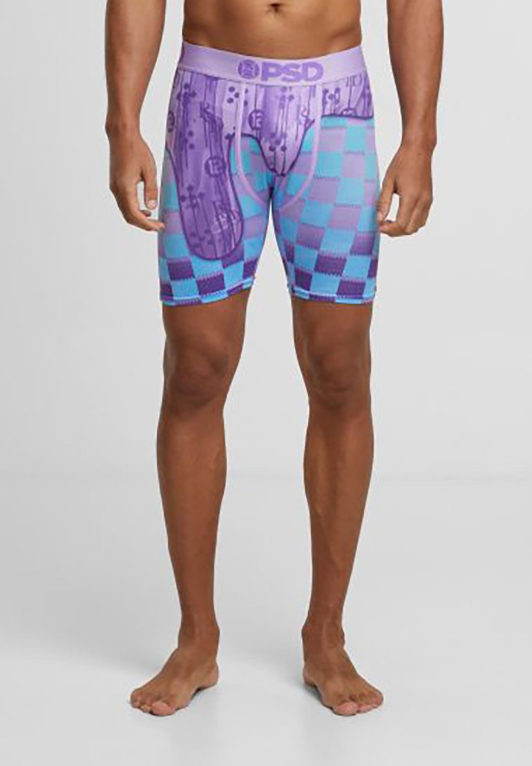 Lilla og teal rutete boksershorts med en myk elastisk midje, som har en glatt tekstur og grafiske detaljer.