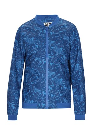 Modrá bombardérka s listovým vzorom, vyrobená z ľahkého materiálu, s okrúhlym výstrihom, predným zipsom a rebrovanými manžetami a lemom.