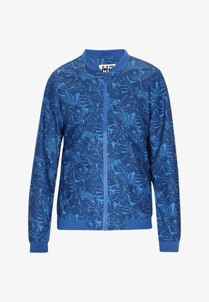 Modrá bombardérka s listovým vzorom, vyrobená z ľahkého materiálu, s okrúhlym výstrihom, predným zipsom a rebrovanými manžetami a lemom.