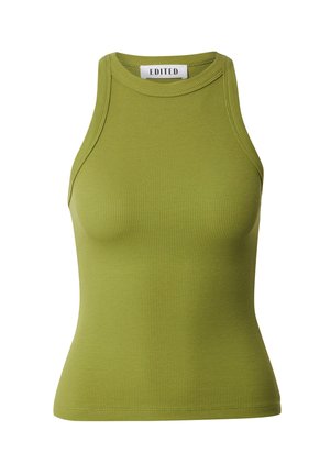 Geribbelde groene tanktop met een aansluitend ontwerp, hoge halslijn en mouwloos model. Bevat een label met de tekst "EDITED" aan de binnenkant van de kraag.