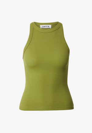 Geribbelde groene tanktop met een aansluitend ontwerp, hoge halslijn en mouwloos model. Bevat een label met de tekst "EDITED" aan de binnenkant van de kraag.
