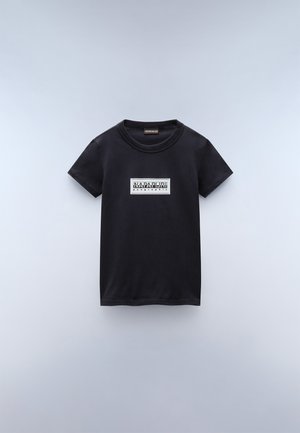 Black cotton t-shirt with short sleeves and a crew neck. Features a rectangular white logo with black text on the front. Smooth texture.