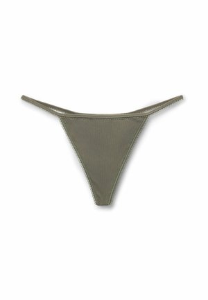 Olivově zelené žebrované tanga z látky s tenkým elastickým pasem a jemnou krajkovou lemovkou na okrajích, zobrazené na bílem pozadí.