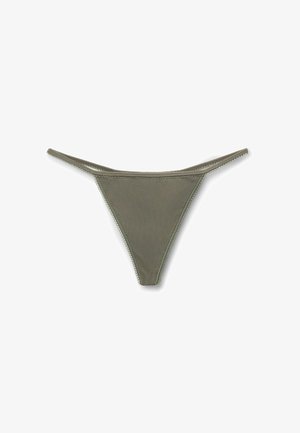 Culotte string en tissu côtelé vert olive avec ceinture élastique fine et délicate bordure en dentelle sur les bords, présentée à plat sur fond blanc.