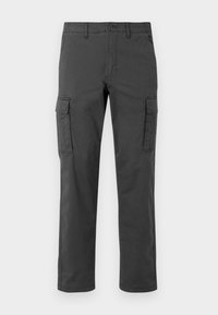 Pantaloni cargo gri închis cu un design drept, având multiple buzunare laterale și închidere cu un nasture la talie. Material din amestec de bumbac.