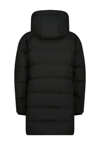 Giacca a vento nera con cappuccio, caratterizzata da un design trapuntato, texture liscia e un taglio di lunghezza media. Nessun marchio o dettaglio visibile.