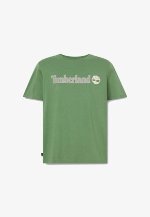 Groen T-shirt met korte mouwen en ronde hals, met het "Timberland"-logo en een boomembleem in het wit, gecentreerd op de borst gedrukt.