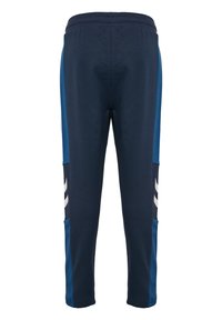 Marinblå träningstights med en figurnära design, elastisk midja och sidopaneler i en ljusare blå nyans med vita accentränder.