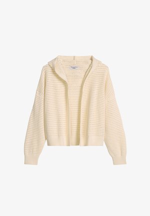 Cremefarbener, gestrickter Cardigan mit offenem Vorderteil, langen Ärmeln und strukturiertem Netzmuster, mit geripptem Saum und Bündchen.