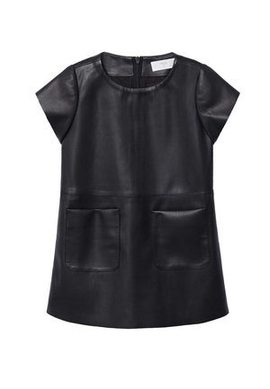 Schwarzes Lederoberteil mit kurzen Ärmeln, rundem Ausschnitt und zwei Fronttaschen. Glatte Textur, gerader Schnitt und ein verdeckter Reißverschluss hinten.