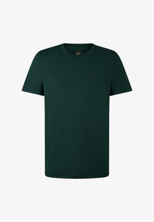 Donkergroene t-shirt met korte mouwen en ronde hals, met een klein, subtiel logo op de linkerborst en aan de binnenkant van de kraag.