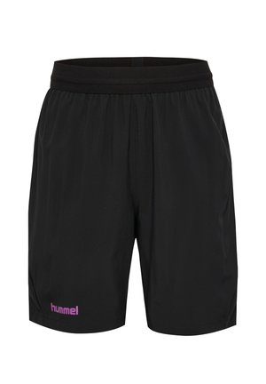 Sorte atletikshorts med elastisk talje og lyserødt "hummel" logo på nederste venstre ben, vist mod en hvid baggrund.