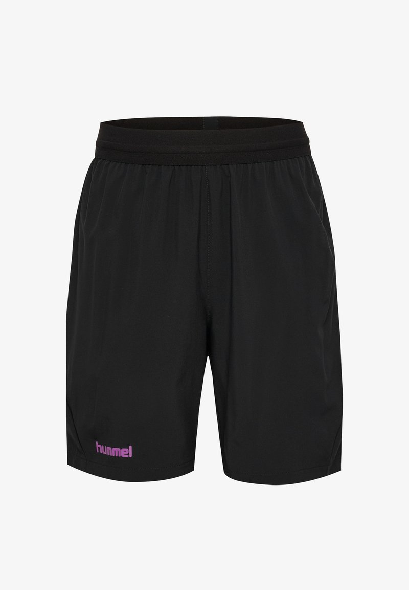 Shorts de sport noirs avec taille élastique et logo rose "hummel" sur la jambe inférieure gauche, présentés sur un fond blanc.