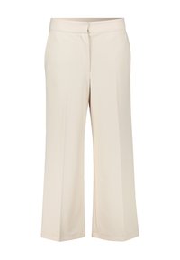 Beige vida byxor i en mjuk väv. Har en slät front, en dold stängning och raka fållar.