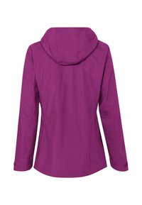 Giaccone impermeabile viola con maniche lunghe, cappuccio regolabile e cinturini in velcro sui polsini, mostrato di spalle su sfondo bianco.