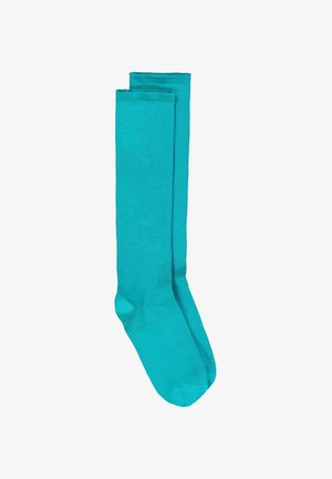 Ein Paar lange türkisfarbene kniehohe Socken mit gerippter Textur, flach auf einem weißen Hintergrund ausgelegt.