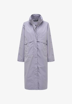 Long light purple raincoat with high collar, front zipper and snap buttons, two large front pockets, and snap button details on sleeves.