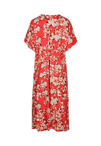 Robe fleurie rouge en tissu lisse, avec une coupe ample, des manches courtes et un ourlet à volants arborant un motif de fleurs blanches et de branches noires.