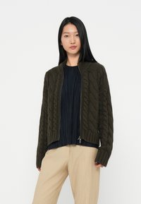 Frau mit langen schwarzen Haaren, die einen dunkelgrünen Zopfstrick-Zipfelpullover, ein marineblaues plissiertes Oberteil und beige Hosen vor einem weißen Hintergrund trägt.