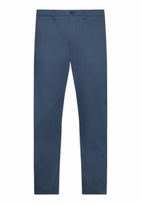 Pantalones slim-fit azul marino con textura para hombre, con trabillas, cierre de botón y bolsillos frontales.