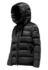 Giacca nera imbottita con cappuccio. Realizzata in nylon lucido, presenta una zip frontale, cordini regolabili e tasche laterali.