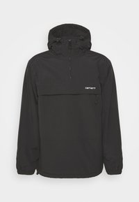 Sudadera negra de Carhartt con capucha, cremallera frontal, puños elásticos y un bolsillo en el pecho con cremallera.