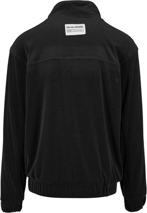 Black sweatshirt with a high collar, elasticized hem and cuffs, and a logo label stitched on the back yoke. Smooth, textured fabric.