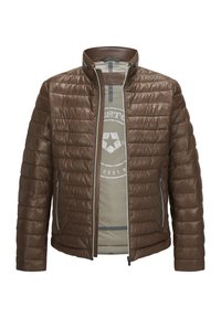 Braune Leder-Puffermantel mit vertikaler Stepp-Textur, hohem Kragen und Reißverschlusstaschen; das Innere verfügt über ein hell gefärbtes Design.