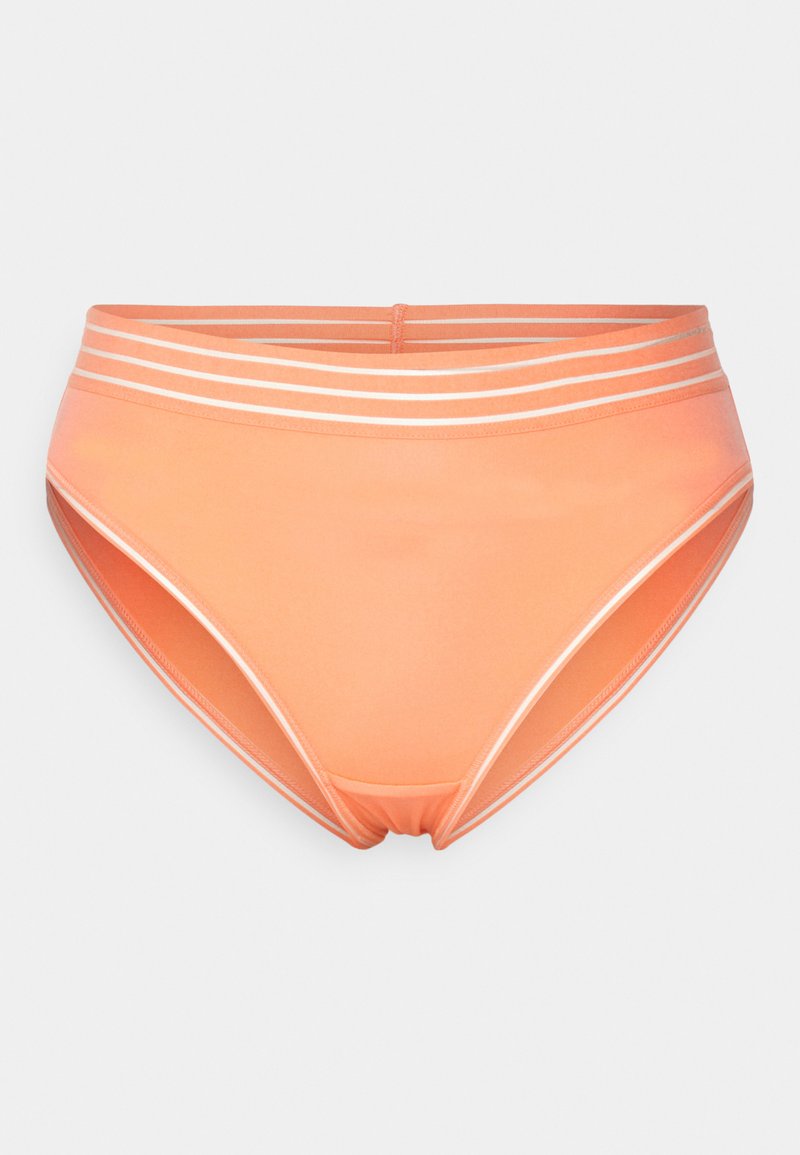 High-waisted swim bottoms in soft orange fabric, featuring a smooth texture and white horizontal stripes at the waistband.