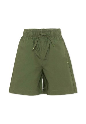 Pantaloncini verde oliva fino al ginocchio con vita elastica e coulisse regolabile, realizzati in tessuto leggero.