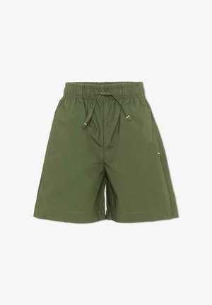 Pantaloncini verde oliva fino al ginocchio con vita elastica e coulisse regolabile, realizzati in tessuto leggero.