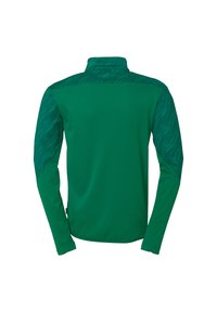 Grøn langærmet sportstrøje med en glat krop og teksturerede, mønstrede skuldre. Høj krave med moderne pasform.